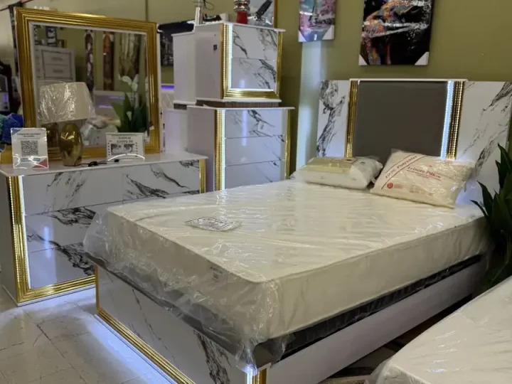 White Marble-Look LED Bedroom Set