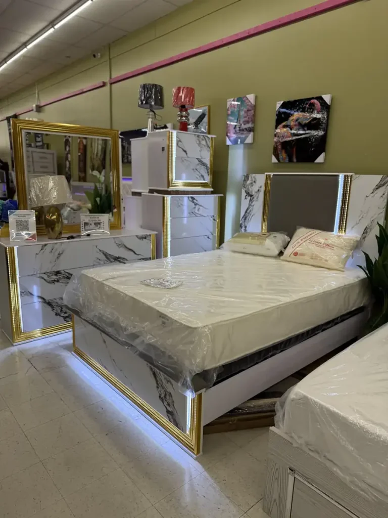 White Marble-Look LED Bedroom Set